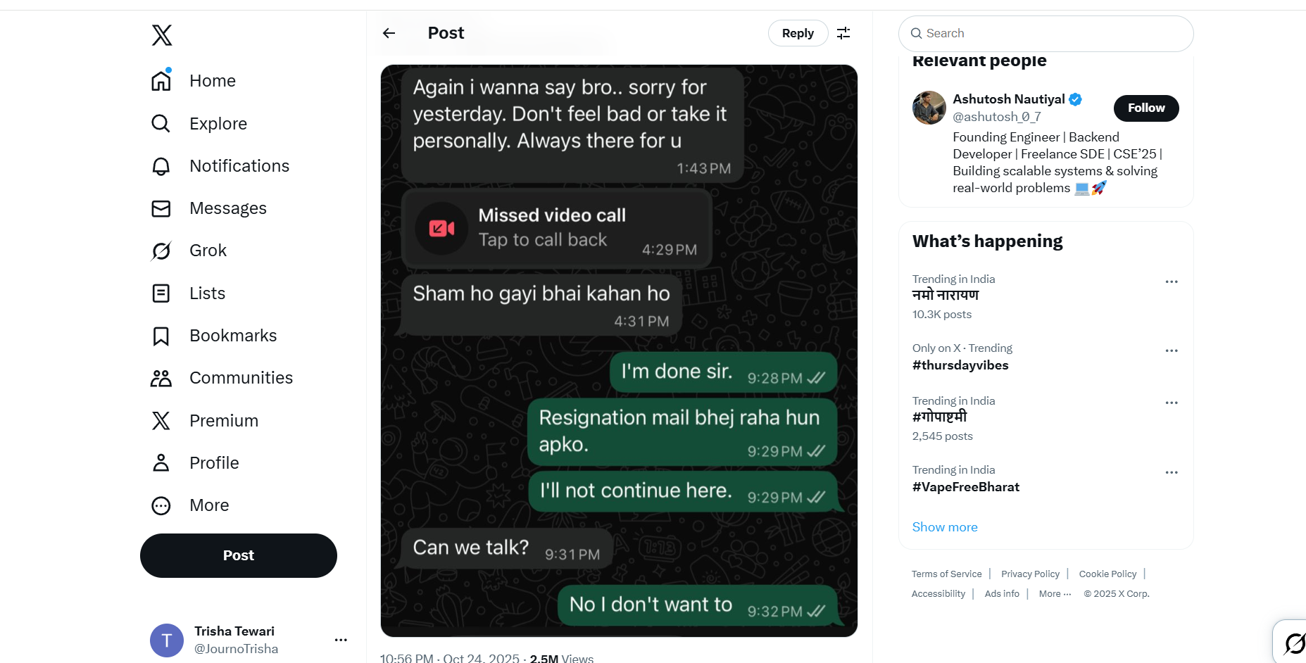 'I'll not continue here' Engineer's last message to boss goes viral