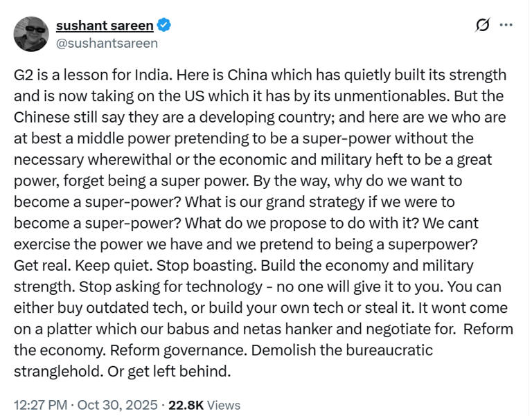 'Stop boasting, learn from China's quiet rise': Sushant Sareen calls G2 ...