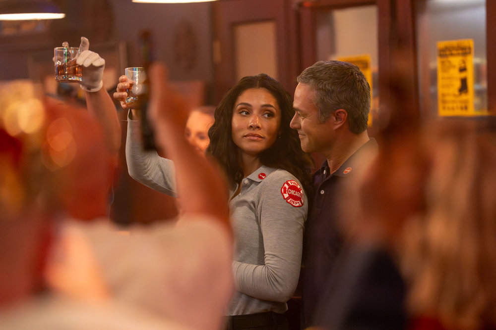 CHICAGO FIRE — “Ghosts” Episode 1405 — Pictured: (l-r) Miranda Rae Mayo as Stella Kidd, Taylor Kinney as Kelly Severide — (Photo by: Peter Gordon/NBC)