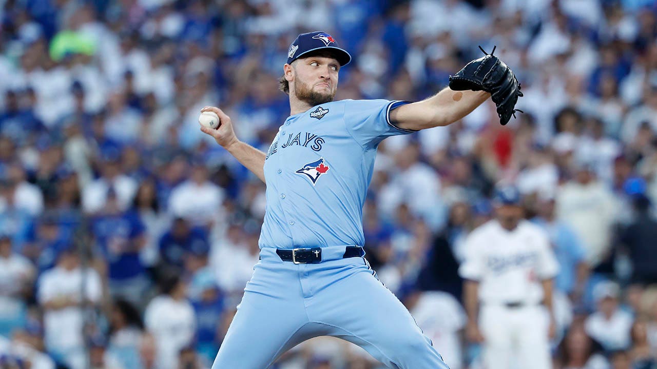 Trey Yesavage of the Toronto Blue Jays pitches against the Los Angeles Dodgers during the second inning in game five of the 2025 World Series at Dodger Stadium on Oct. 29, 2025 in Los Angeles, California.