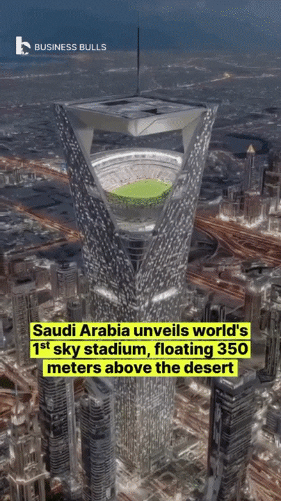 Bird's-eye view of the Saudi football stadium expected to be built at the top of a 350m high building. /Social Media (SNS)
