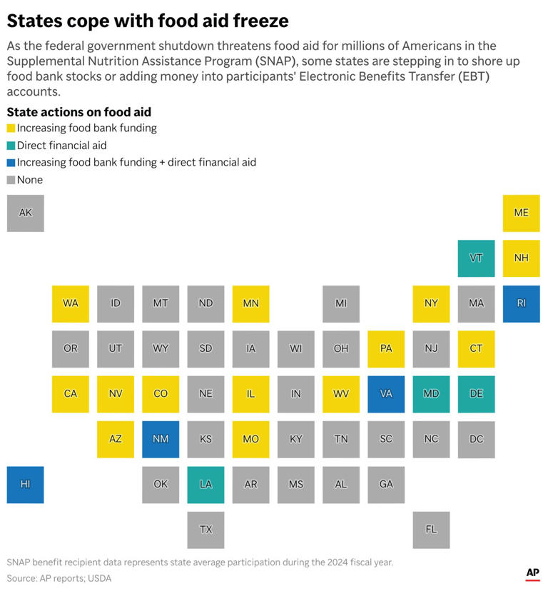 Several states are scrambling to help residents facing a loss of federal food aid benefits. (AP Digital Embed)