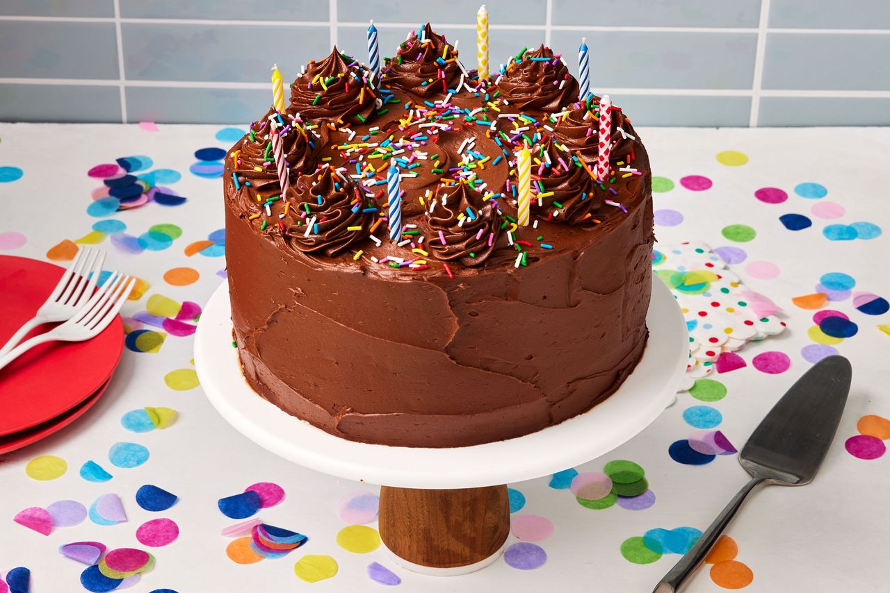 Southern Living Chocolate Birthday Cake on a cake plate to serve