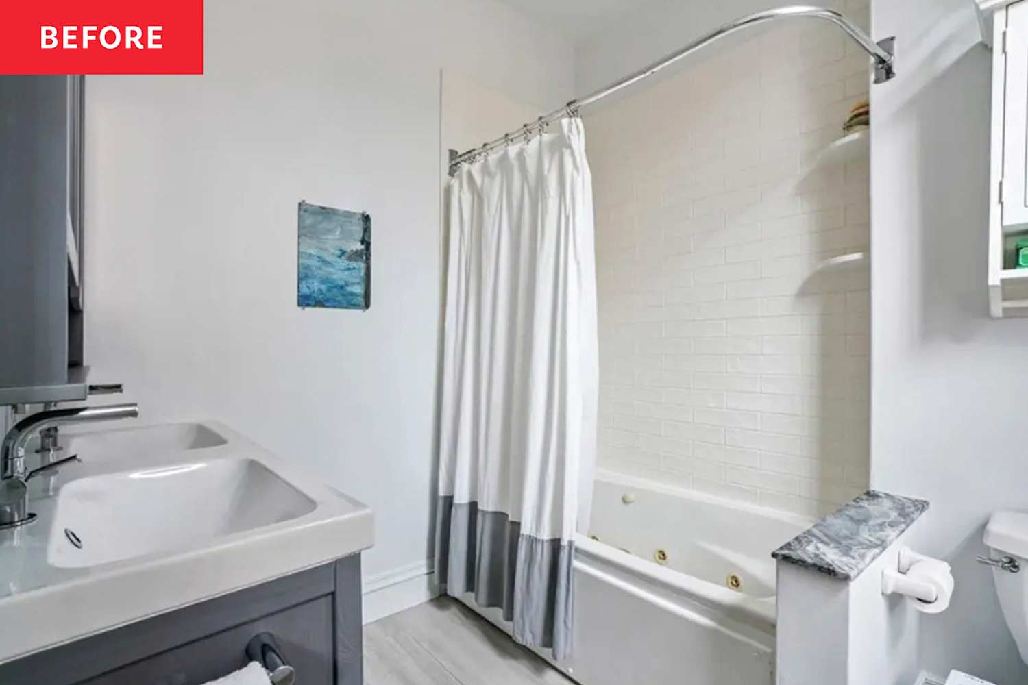 An all-gray bathroom got a colorful redo with an unrecognizable IKEA hack