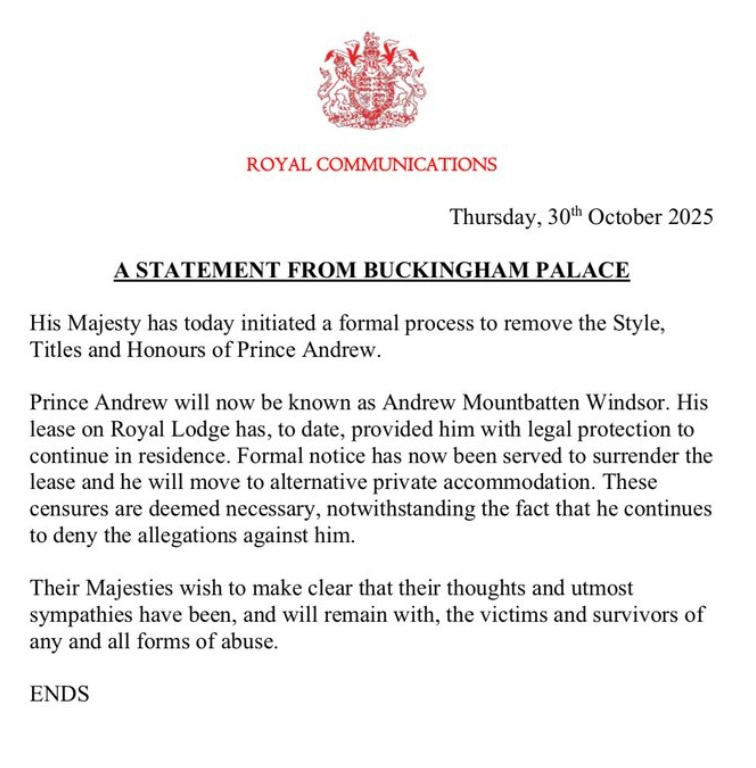 King Charles strips Andrew of titles over Epstein scandal, backs abuse ...