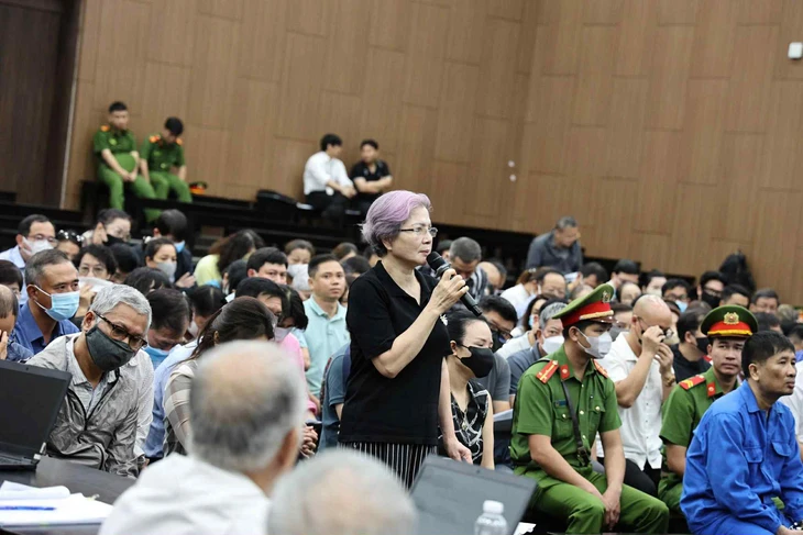 Bà Trần Minh Sự trả lời xét hỏi tại phiên tòa - Ảnh: GIANG LONG
