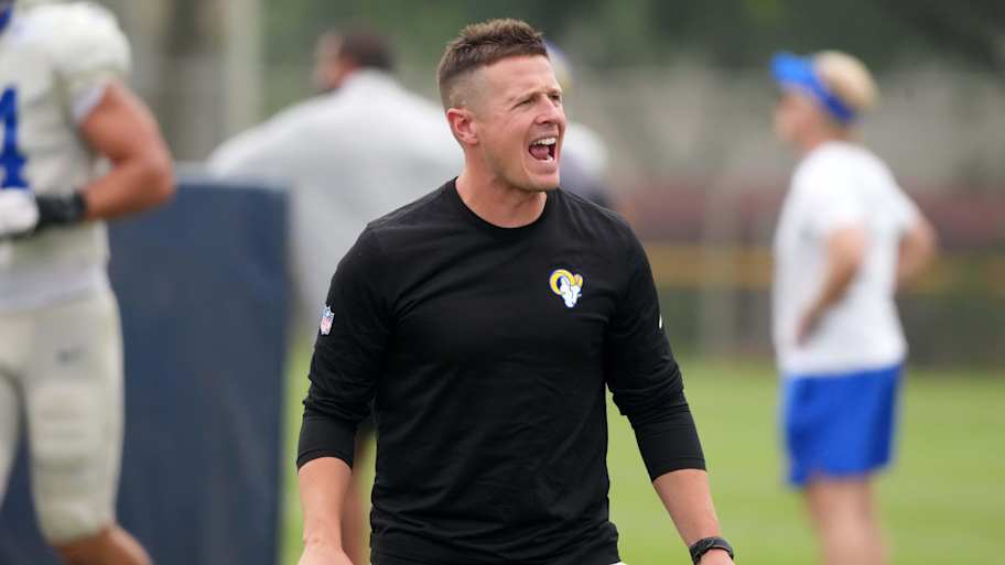 Aug 14, 2025; Carson, CA, USA; Los Angeles Rams offensive coordinator Mike LaFleur reacts during a joint practice at the Dignity Health Sports Park. Mandatory Credit: Kirby Lee-Imagn Images | Kirby Lee-Imagn Images