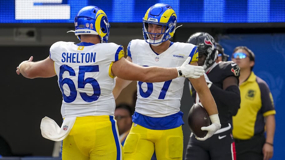 Sep 7, 2025; Inglewood, California, USA; Los Angeles Rams center Coleman Shelton (65) and Los Angeles Rams tight end Davis Allen (87) hug during the third quarter at SoFi Stadium. Mandatory Credit: Kirby Lee-Imagn Images | Kirby Lee-Imagn Images