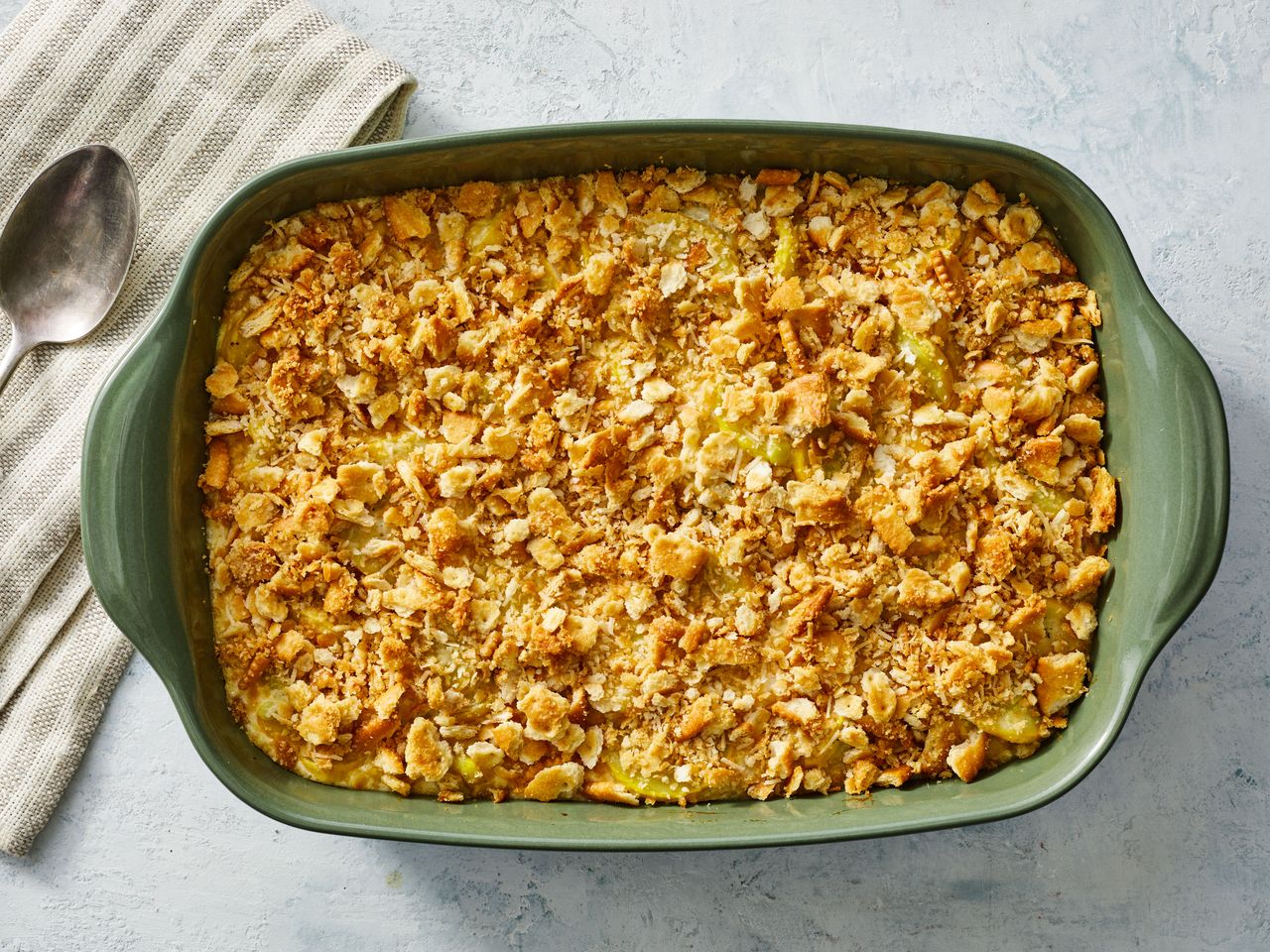 Southern Living Old School Squash Casserole in the dish after baking ready to serve