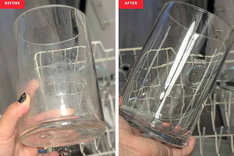 Glass vase before and after cleaning in dishwasher with vinegar.