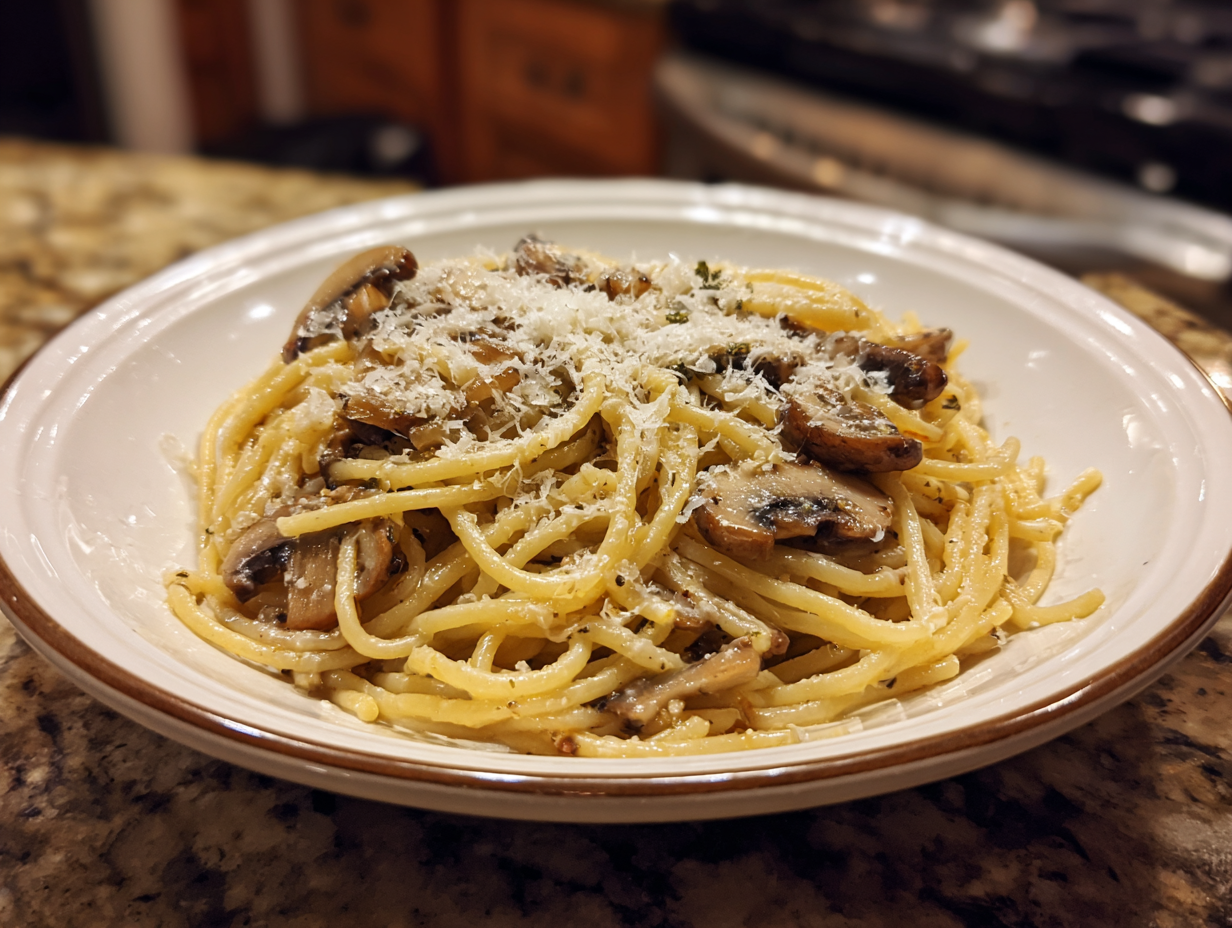 Pasta dish with mushrooms and grated cheese on a white plate, set on a kitchen counter
