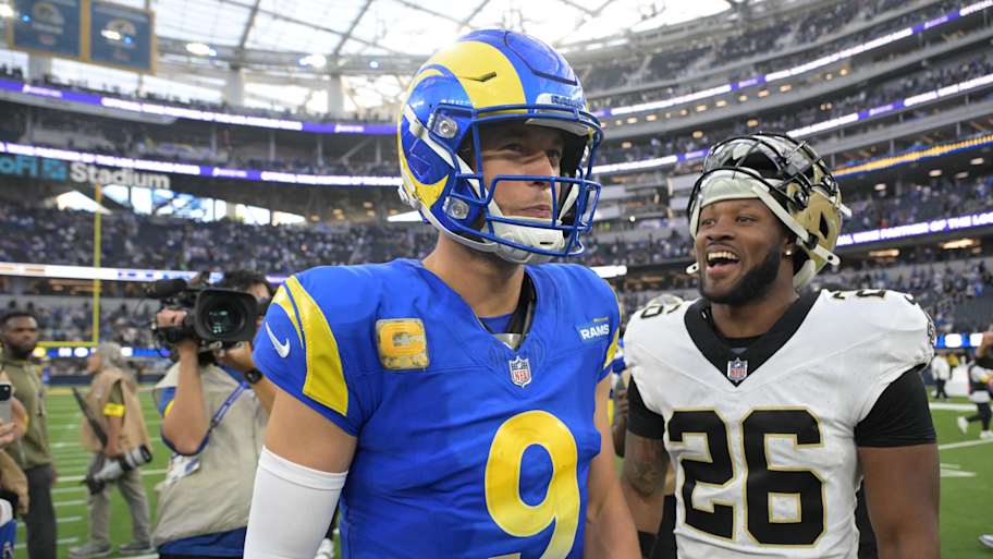Nov 2, 2025; Inglewood, California, USA; Los Angeles Rams quarterback Matthew Stafford (9) and New Orleans Saints safety Terrell Burgess (26) talk following a game at SoFi Stadium. Mandatory Credit: Jayne Kamin-Oncea-Imagn Images | Jayne Kamin-Oncea-Imagn Images