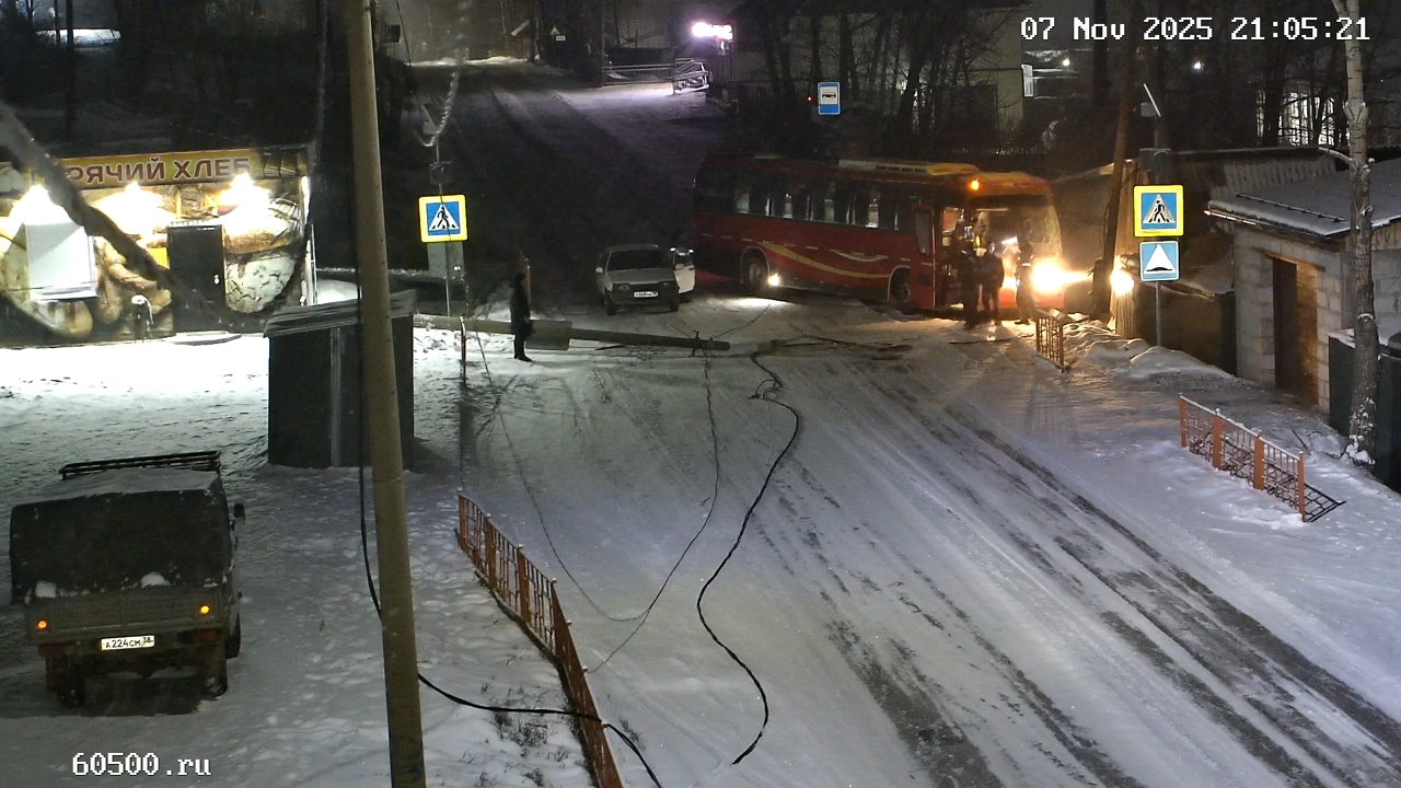 Bus loses control and crashes into power pole in Ust-Kut, Russia