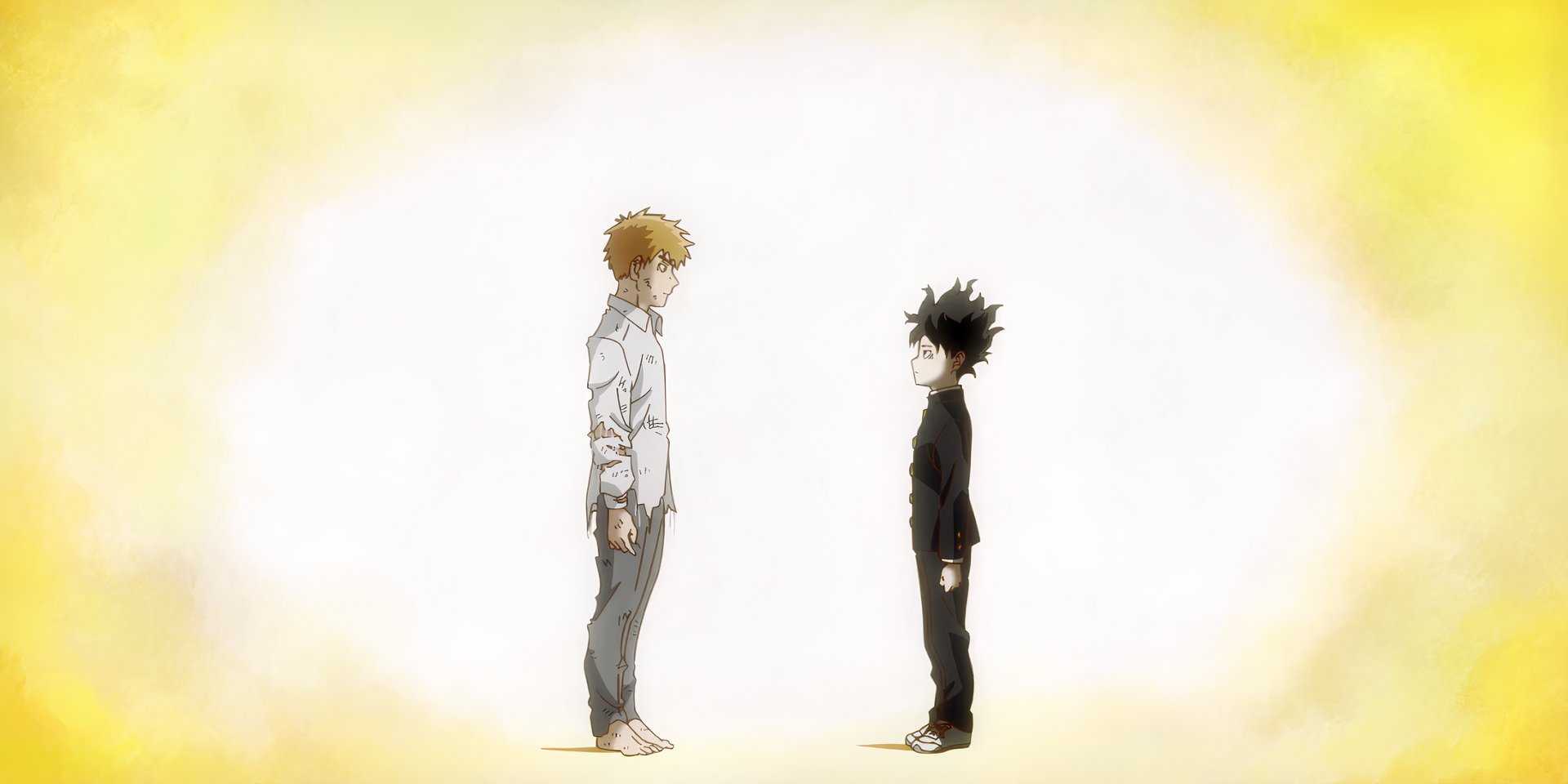 Mob Psycho 100 Season 3 finale Reigen and Mob stand together in a yellow space