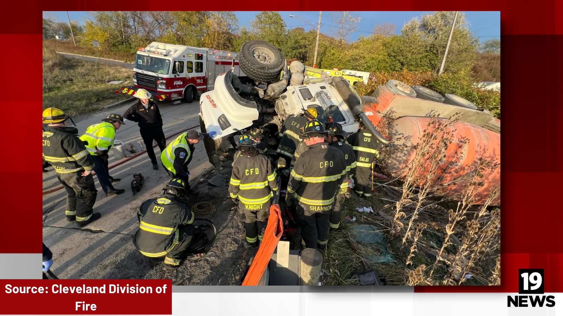 Cleveland Division of Fire respond to a rolled over cement truck