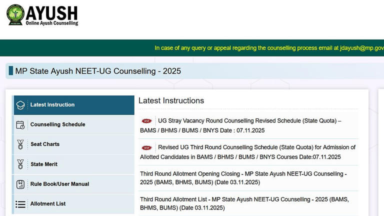 MP AYUSH UG 2025: Revised Stray Vacancy Round Counselling Schedule ...