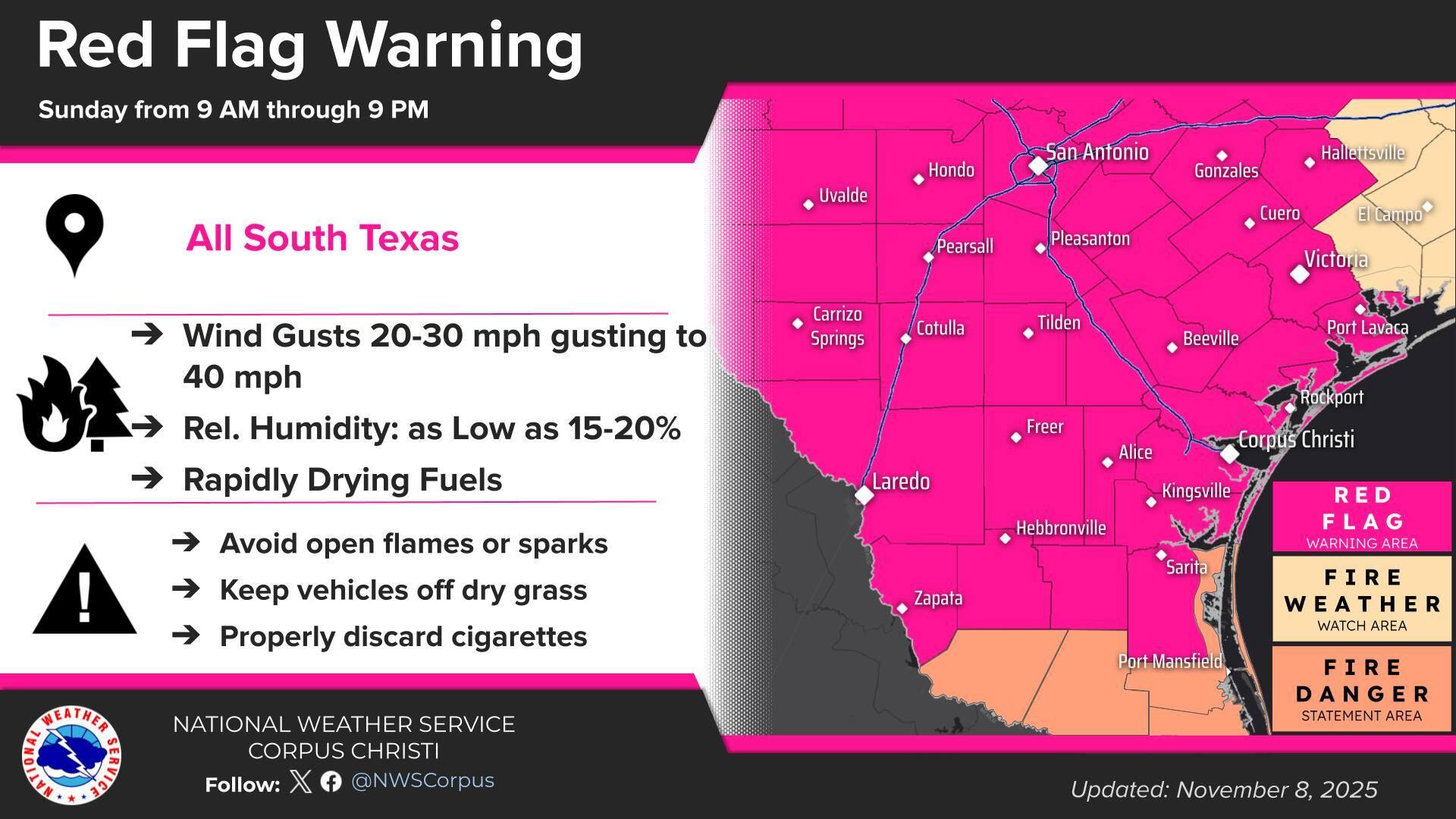 South Texas under red flag warning Sunday as cold front approaches