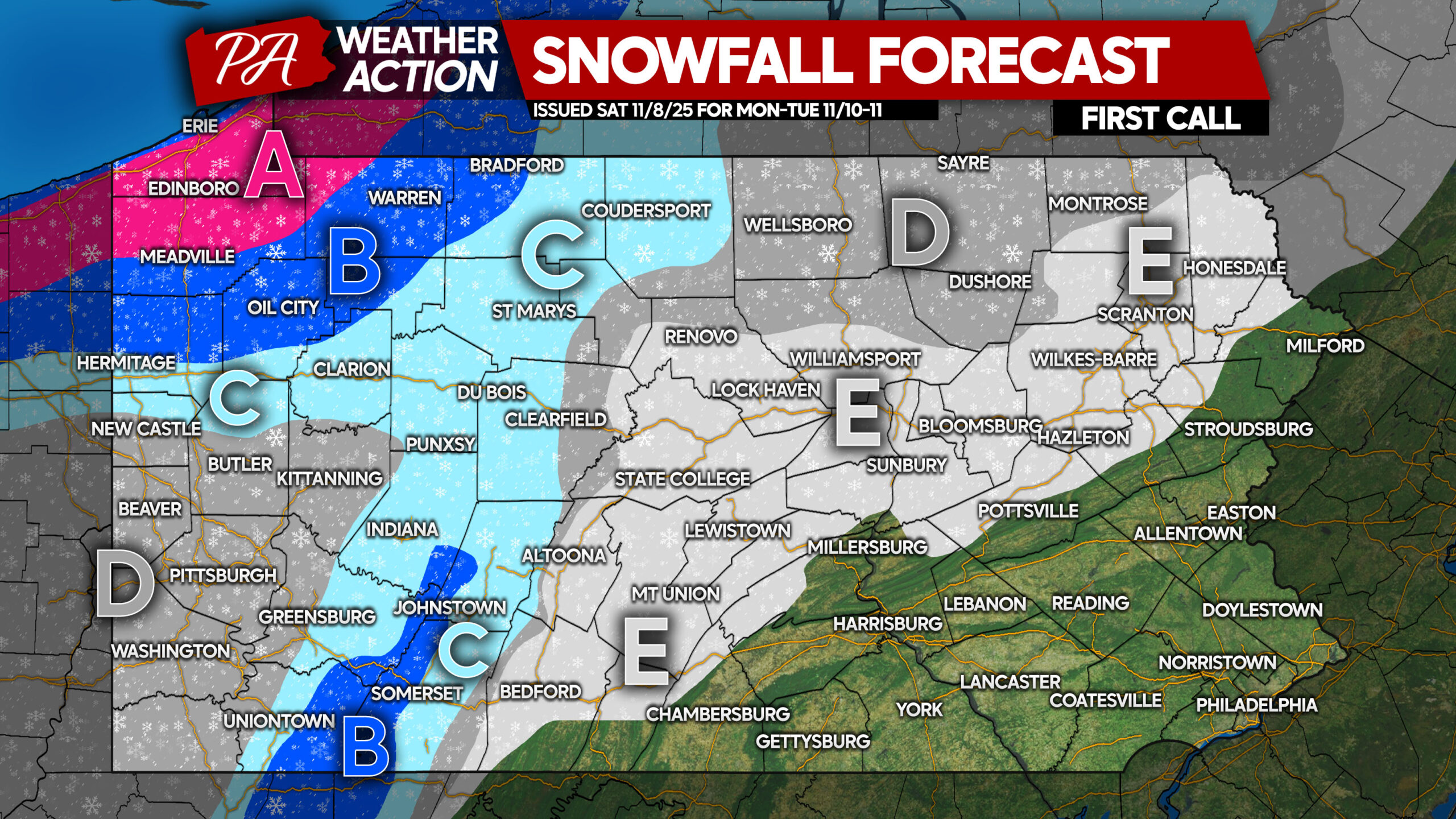 First Call Snowfall Forecast for Monday - Tuesday's Snow in Parts of PA