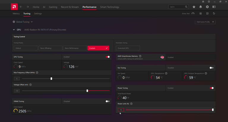 A screenshot of AMD's Adrenalin software showing the Tuning tab