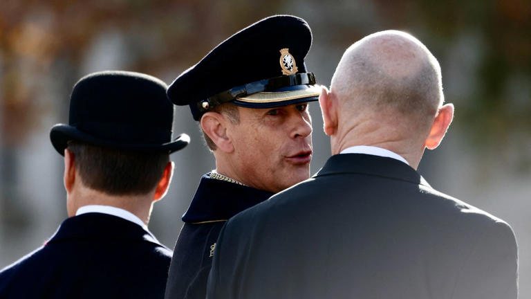 Prince Edward speaking to Defence Secretary John Healey on Horse Guards Parade following the march past. Pic: Reuters