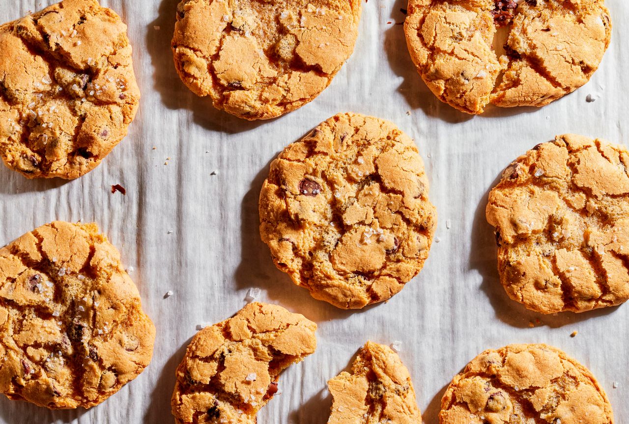Close up view of freshly cooked million dollar chocolate chip cookies