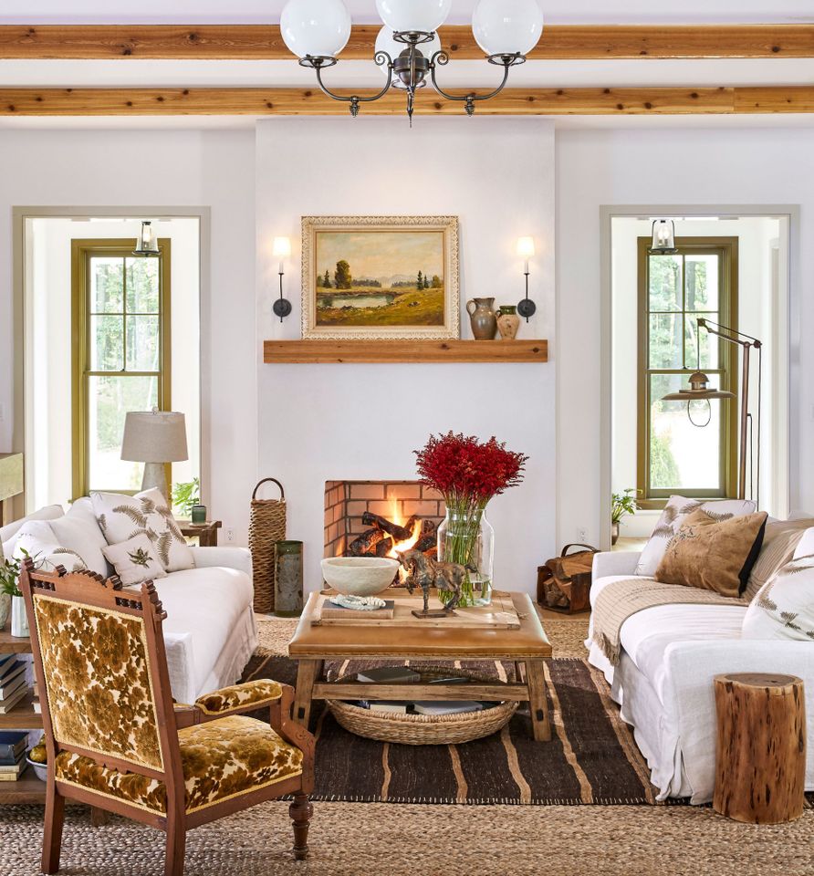 2020 Idea House Living Room with Wood Beams and Fireplace