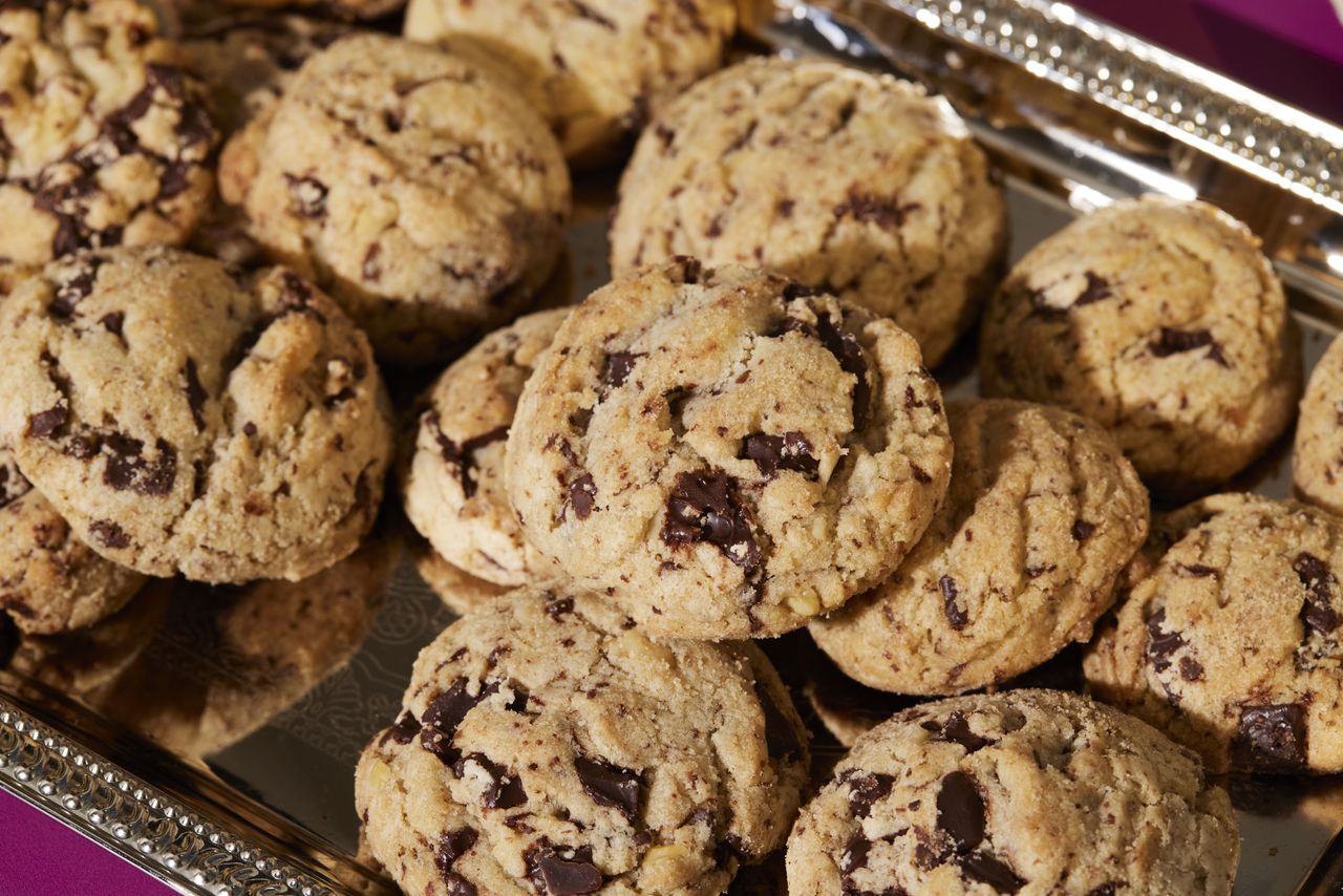 Chocolate chip cookies on silver platter