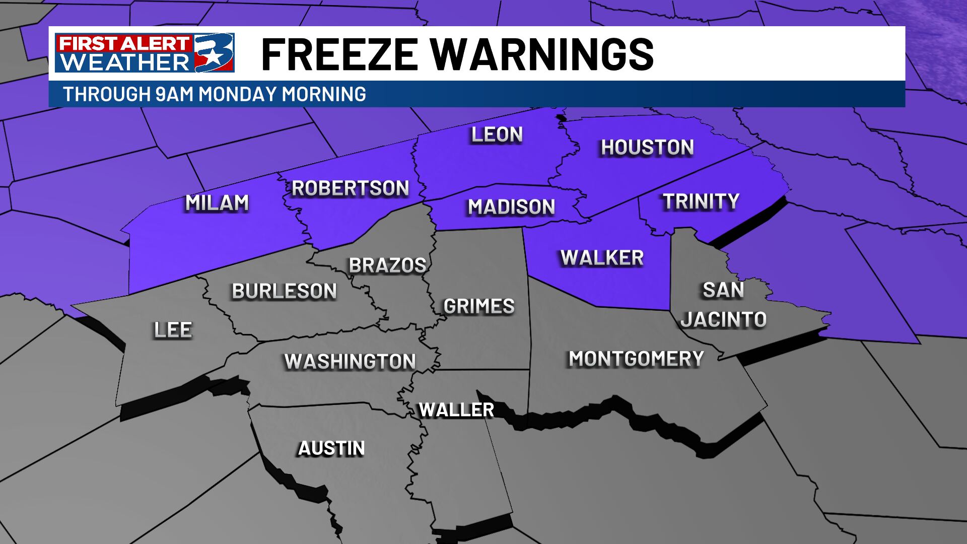 Freeze warning in place for portions of the area Sunday night into Monday