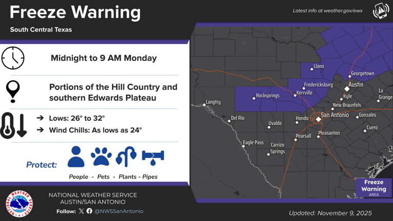 Freeze warning issued for Texas Hill Country tonight into Monday