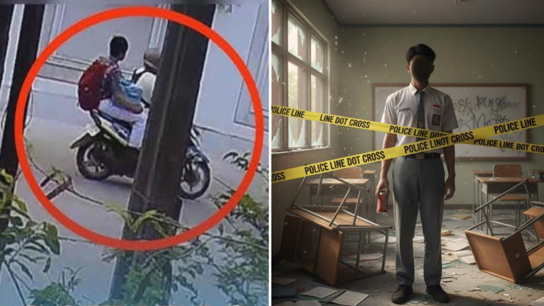 BOM RAKITAN MELEDAK - Terduga pelaku ledakan di masjid SMAN 72, FN, terekam CCTV di lingkungan rumahnya saat dibonceng ayahnya ke sekolah pada Jumat (7/11/2025) pagi beberapa jam sebelum kejadian. (Kolase TribunTrends/Istimewa)