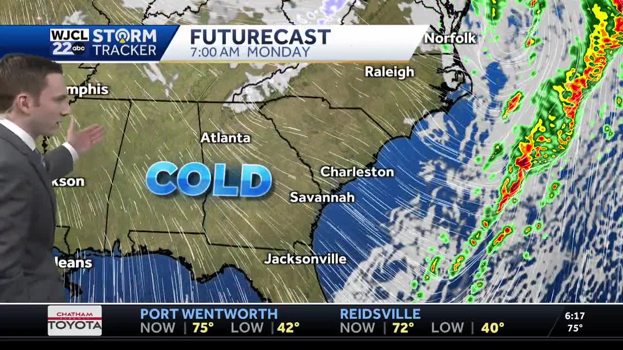 Cold front moves through tonight, temperatures plummet on Monday