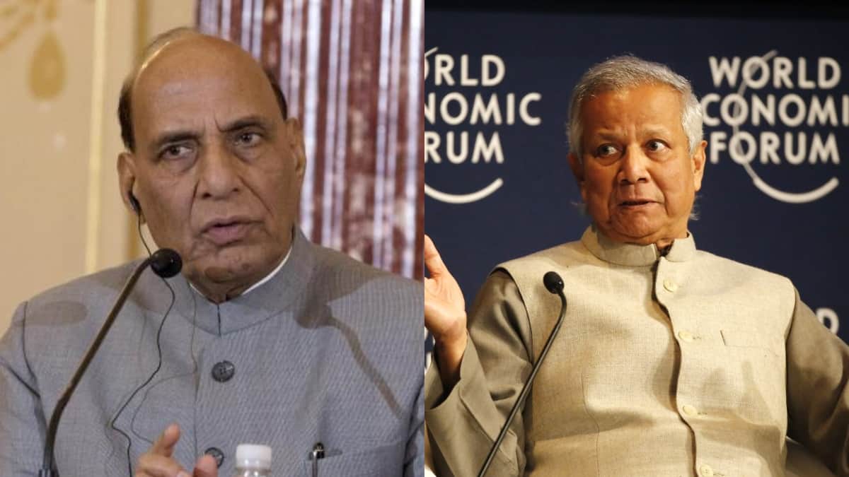 Defence Minister Rajnath Singh (L) and Bangladesh's Interim Chief Advisor Muhammad Yunus (R). AP