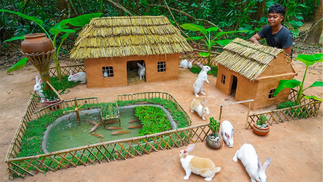 We built a country rabbit house and red fish pond by hand
