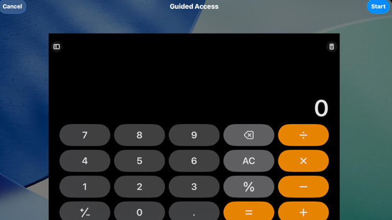 An iPad showing a calculator while it is in Guided Access mode.