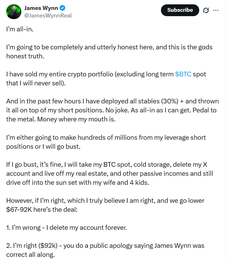 James Wynn goes ‘all-in’ on shorting Bitcoin after 12 liquidations in 12 hours
