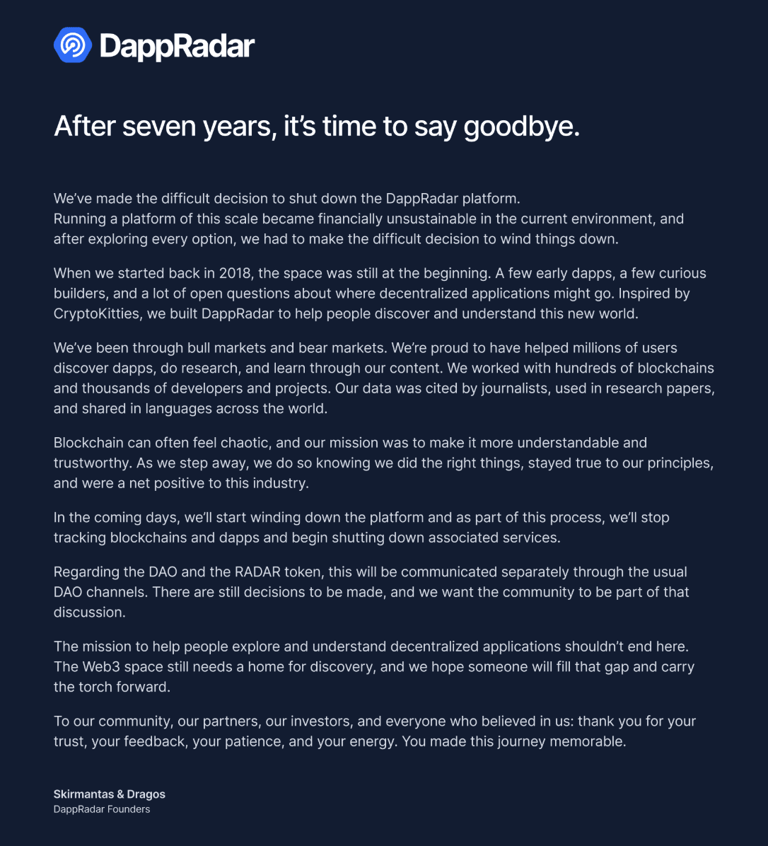 DappRadar's token price plummets after platform announces shutdown