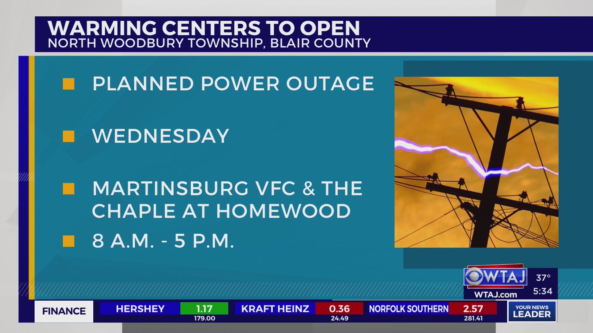 Warming shelters to open ahead of planned power outage in Blair County