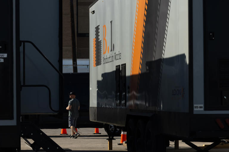 The base camp for the production of "Dutton Ranch" near KPMG Plaza on Nov. 17, 2025 in downtown Dallas.
