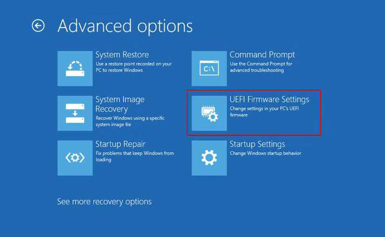 Booting into UEFI:BIOS settings through the Advanced Options settings in Windows.