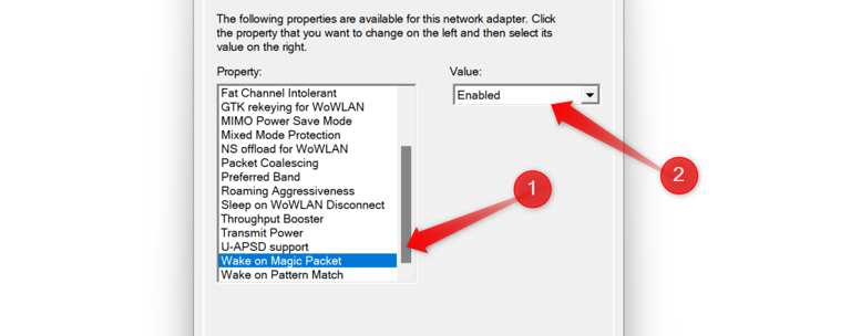 Enabling the wake on lan feature in the advanced tab of network adapter properties.
