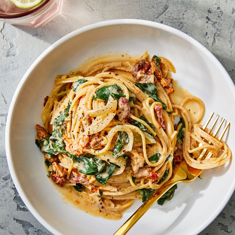 Spaghetti & Spinach with Sun-Dried Tomato Cream Sauce (tk final title)