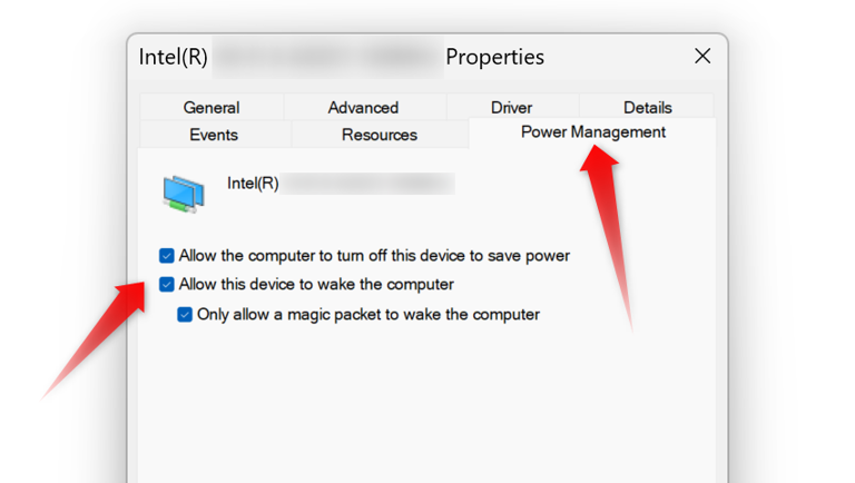 Enabling the wake on lan feature in power management settings of a network adapter in Windows.
