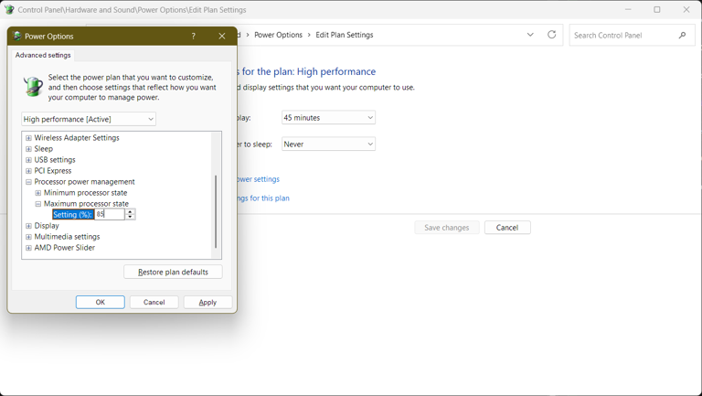The power plan settings in Windows.