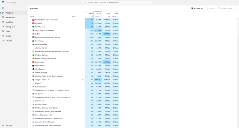 Task Manager with numerous apps open.