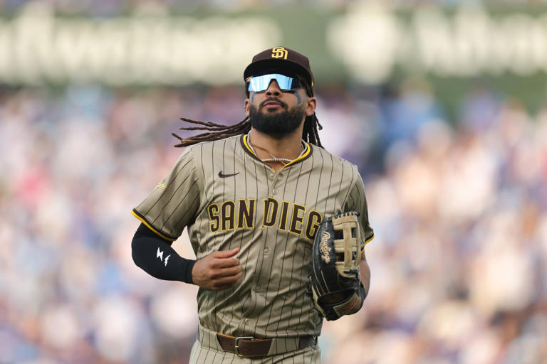 CHICAGO, ILLINOIS – OCTOBER 02: Fernando Tatis Jr. #23 of the San Diego Padres looks on in the fifth inning against the Chicago Cubs in game three of the National League Wild Card Series at Wrigley Field on October 02, 2025 in Chicago, Illinois. (Photo by Michael Reaves/Getty Images)