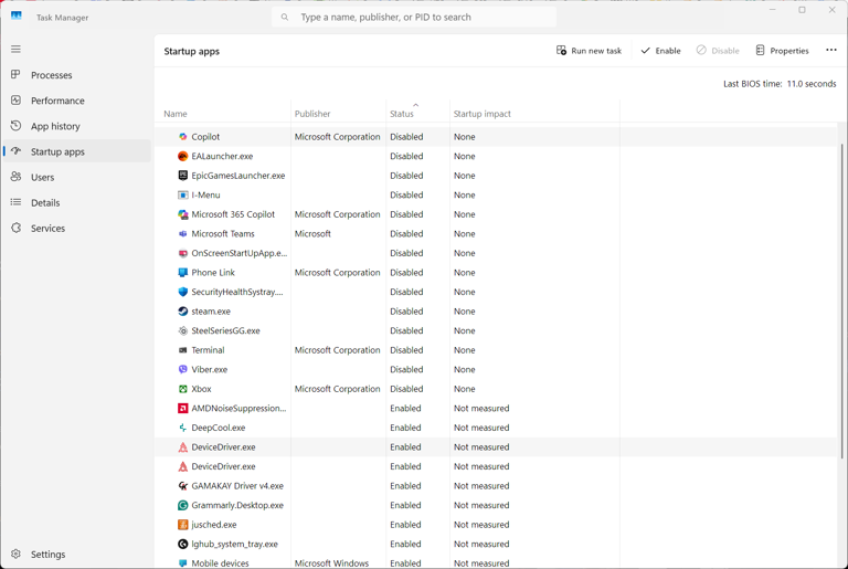 A bunch of startup apps in Task Manager.