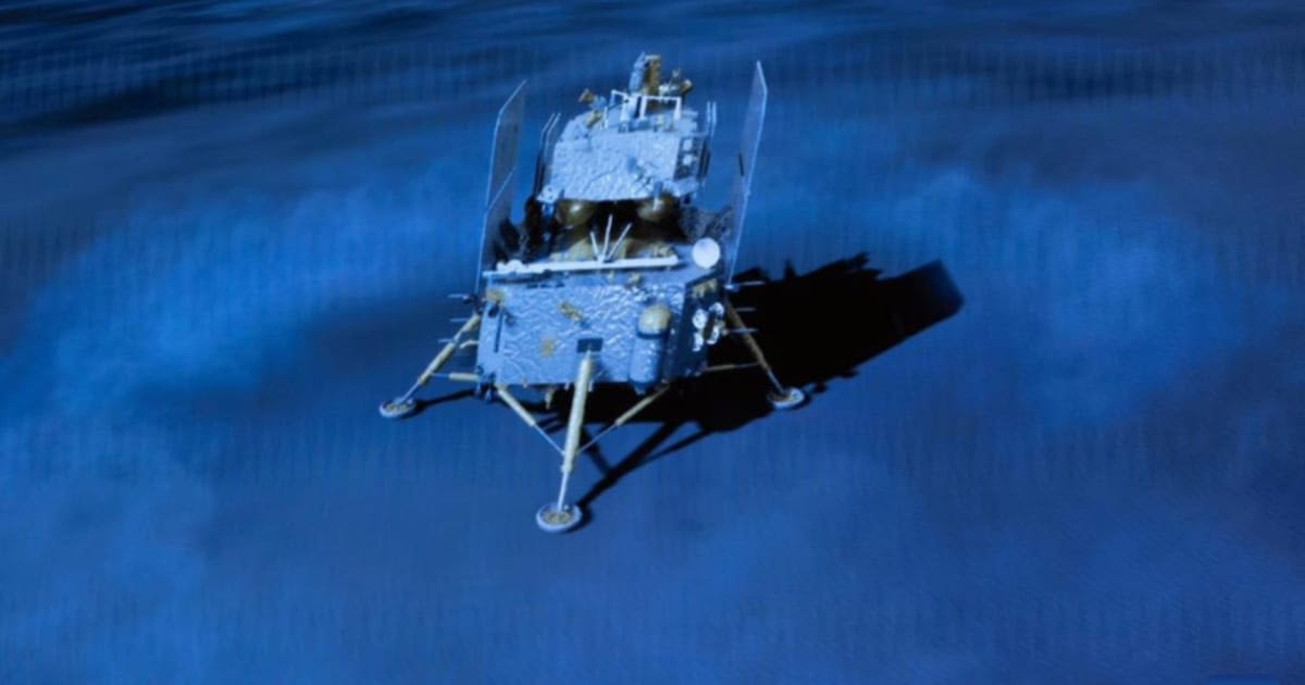 This image, taken from a video animation at Beijing Aerospace Control Center (BACC) on June 2, 2024, shows the lander-ascender combination of the Chang'e-6 probe landing on the far side of the moon (Image Source: China National Space Administration)