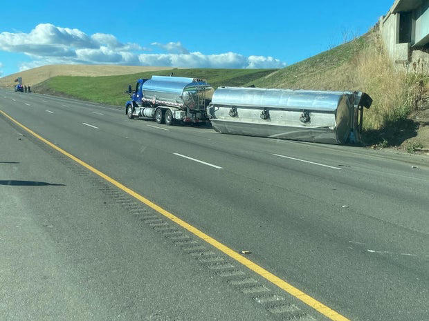 Overturned tanker shuts down I-205 west of Tracy near Alameda County line