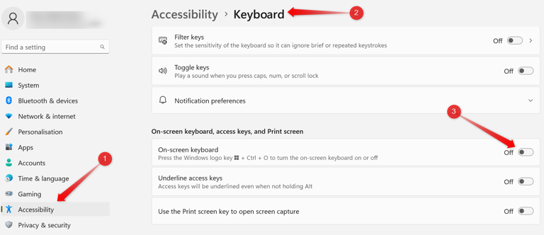 Turning on the On-Screen keyboard in the Settings app on Windows.
