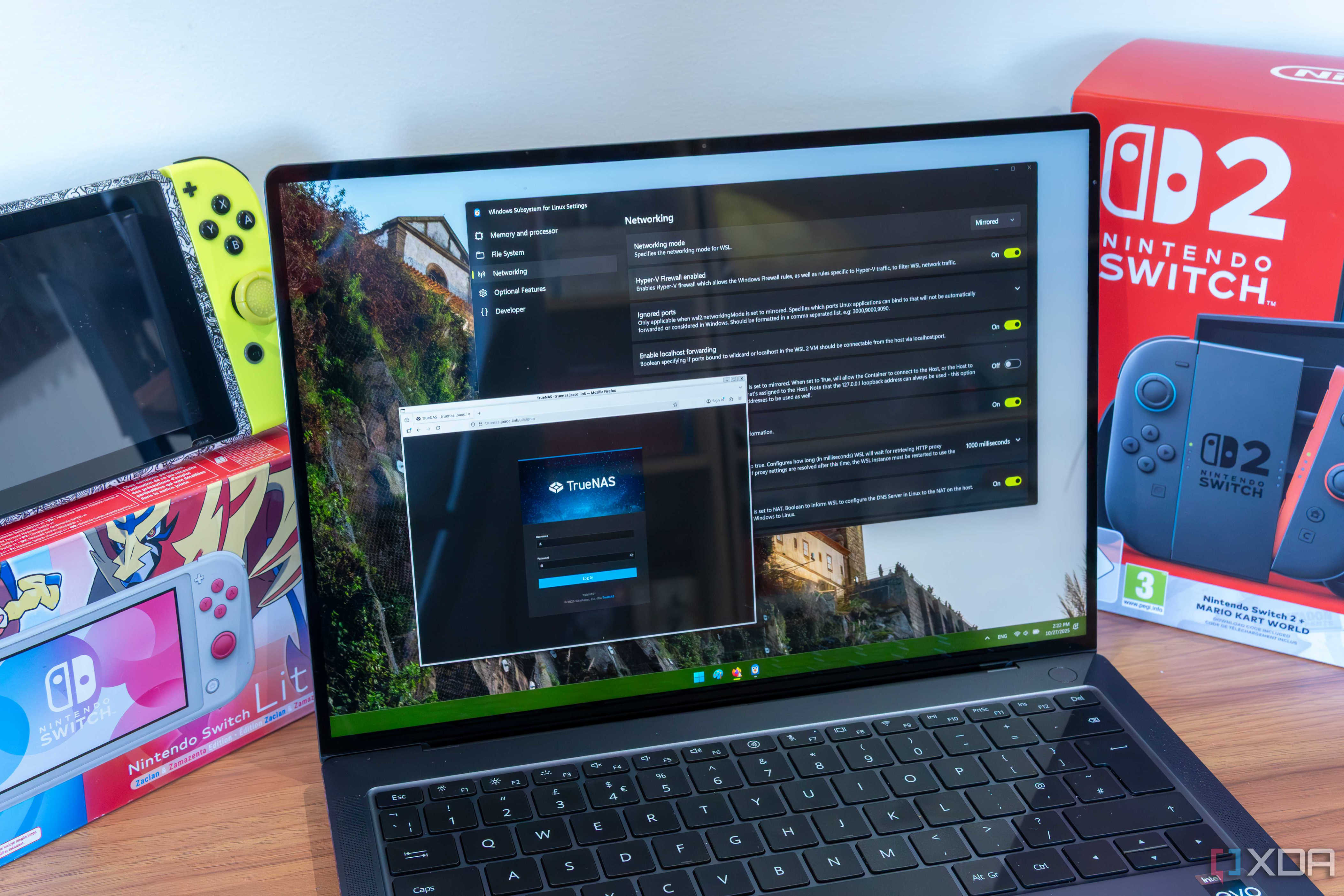 A Windows 11 laptop running the WSL Settings app and Mozilla Firefox in Ubuntu through WSL